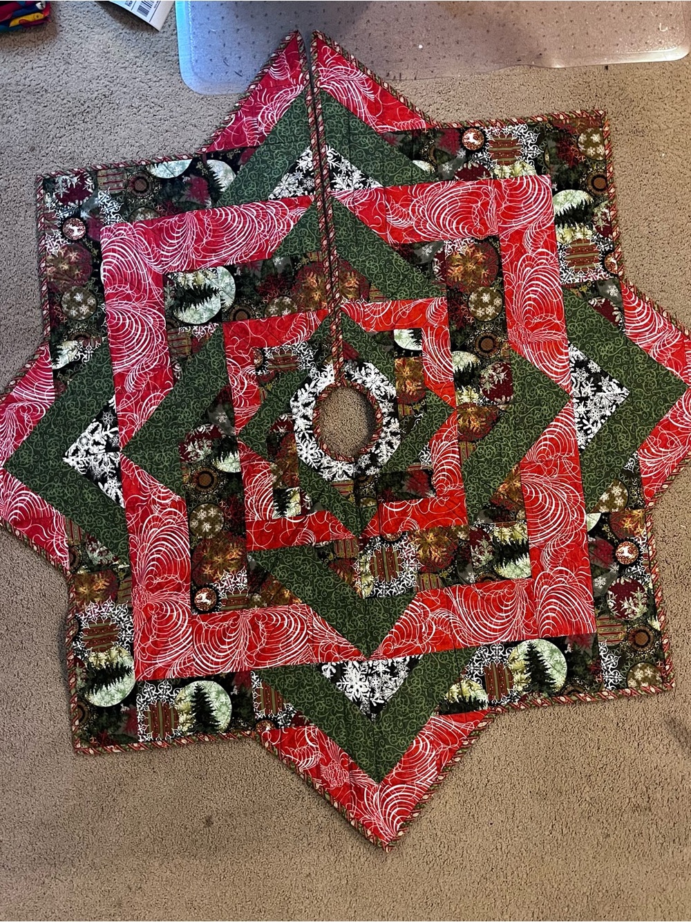 Quilted Star Christmas Tree Skirt 54 1/2" Machine Quilted Red and Green Cotton